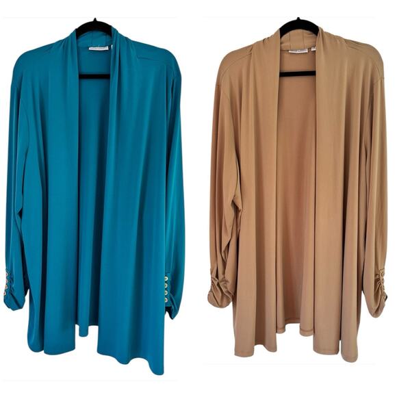 Susan Graver Liquid Knit Beige & Teal Long Sleeve Open Cardigan Sweaters Size 3X - Picture 1 of 9
